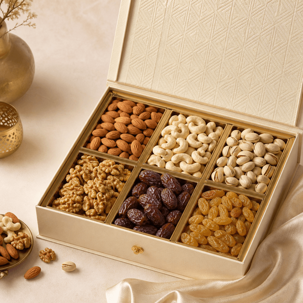 Luxury dry fruit gift box with almonds, cashews, pistachios and dates